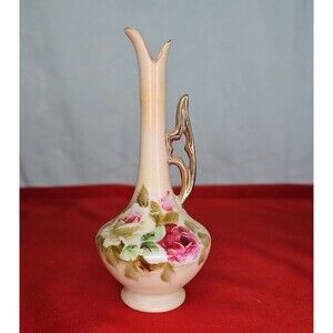 Lefton Bud Vase 1862 Hand Painted Flowers Gold Handle 5.5'' Signed VTG Ewer
